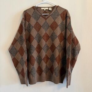 Men's 100% Lambs Wool Argyle Sweater - Brown and Gray